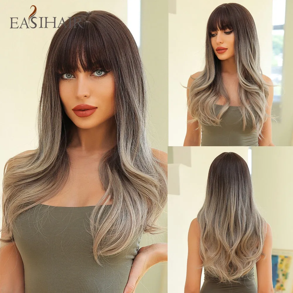 Ombre Gray Ash Wavy Wigs with Bang Light Blonde Platinum Synthetic Long Hair for Women Daily Party Heat Resistant Fiber Wigs