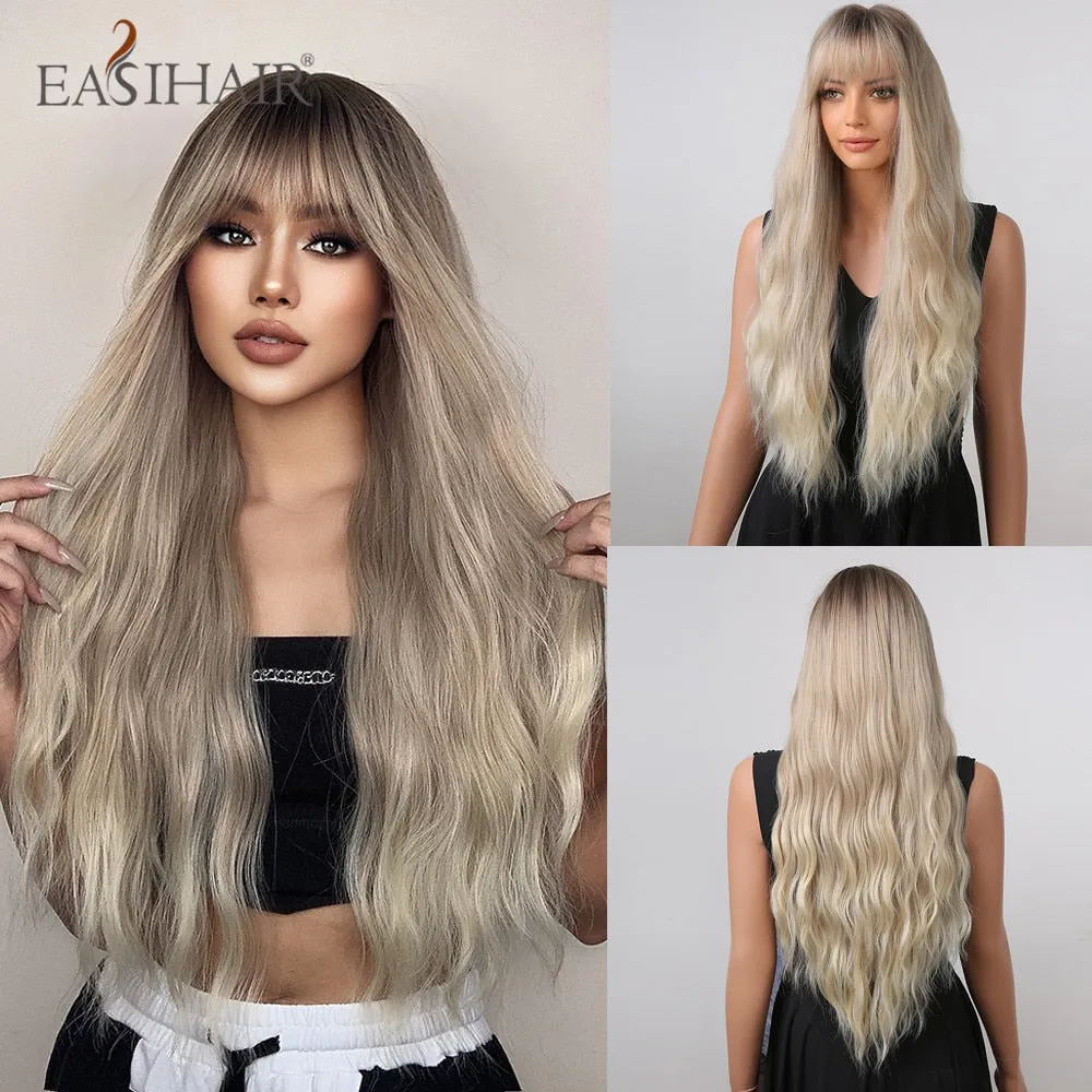 Ombre Gray Ash Wavy Wigs with Bang Light Blonde Platinum Synthetic Long Hair for Women Daily Party Heat Resistant Fiber Wigs