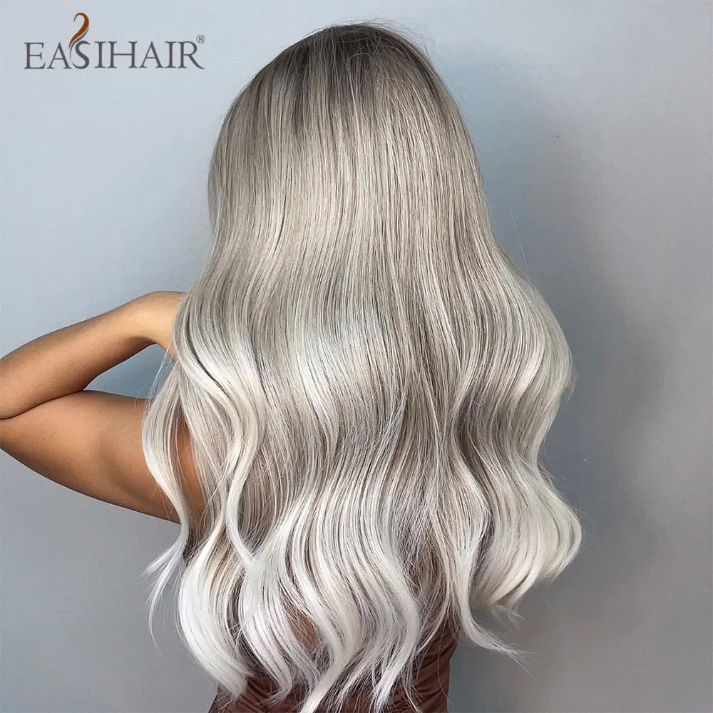 Ombre Gray Ash Wavy Wigs with Bang Light Blonde Platinum Synthetic Long Hair for Women Daily Party Heat Resistant Fiber Wigs