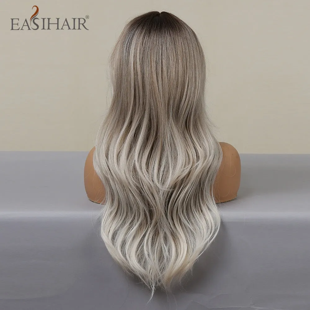 Ombre Gray Ash Wavy Wigs with Bang Light Blonde Platinum Synthetic Long Hair for Women Daily Party Heat Resistant Fiber Wigs