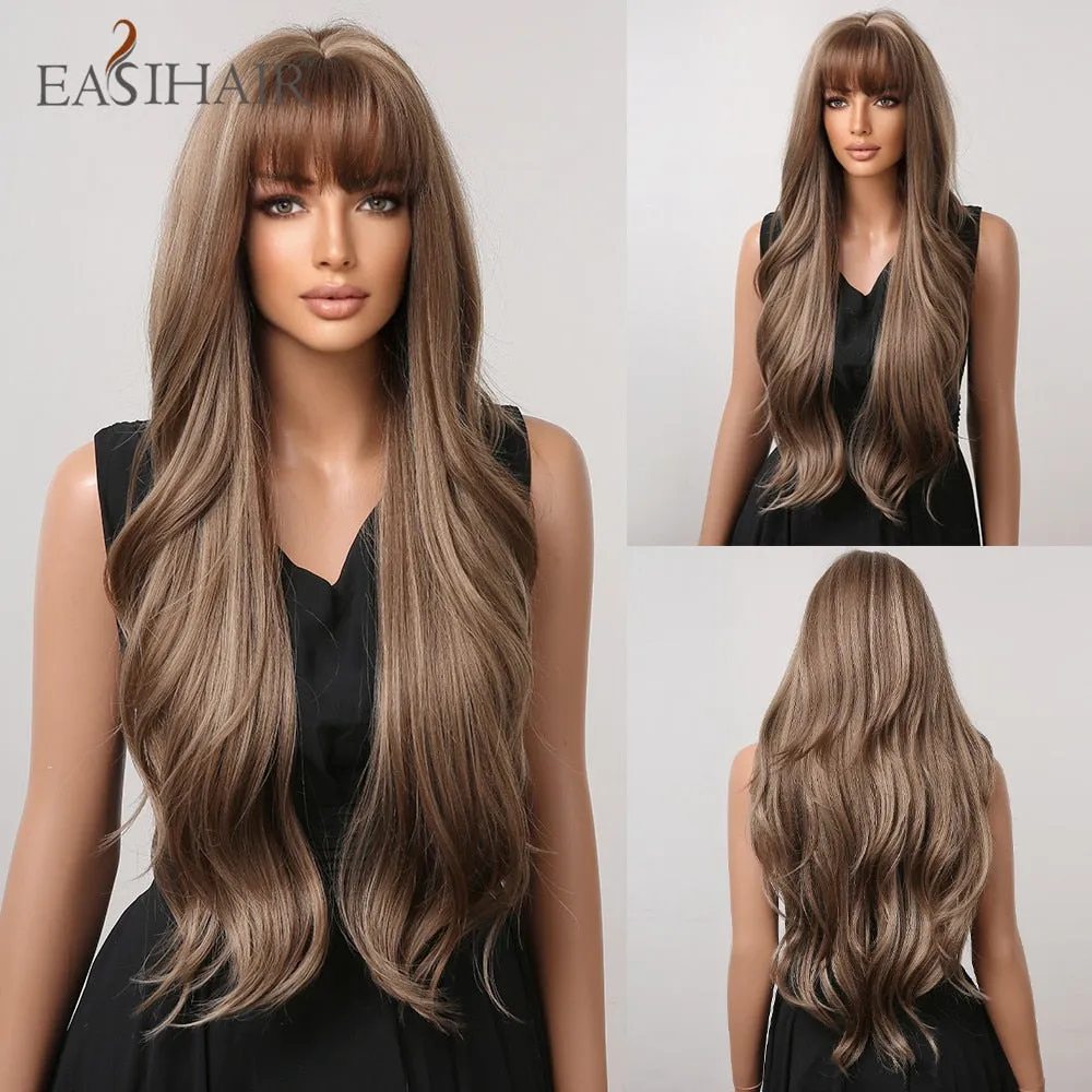 Ombre Gray Ash Wavy Wigs with Bang Light Blonde Platinum Synthetic Long Hair for Women Daily Party Heat Resistant Fiber Wigs