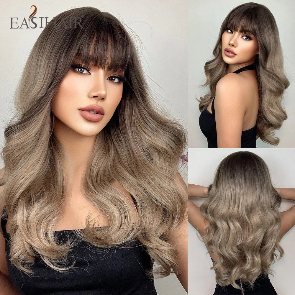 Ombre Gray Ash Wavy Wigs with Bang Light Blonde Platinum Synthetic Long Hair for Women Daily Party Heat Resistant Fiber Wigs