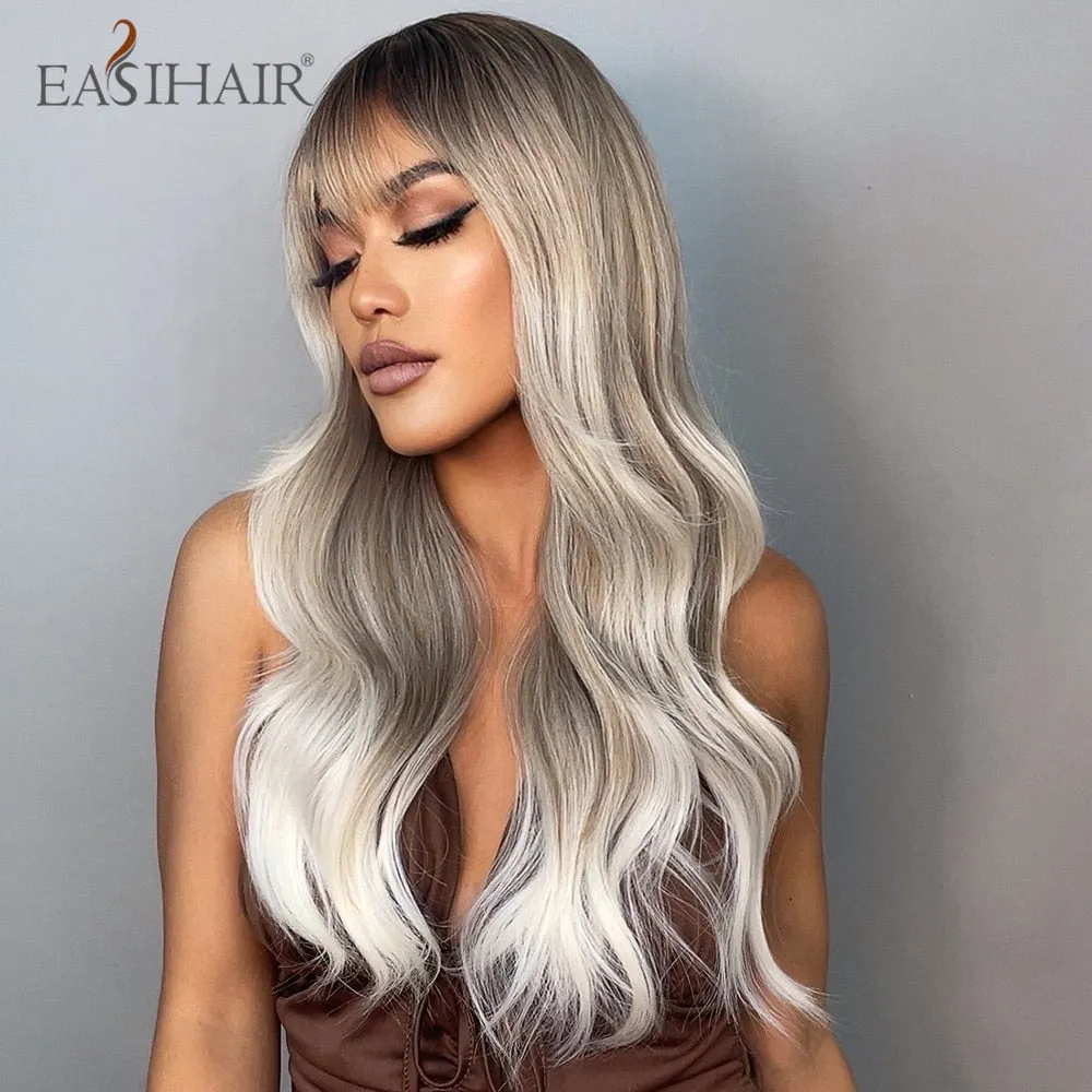 Ombre Gray Ash Wavy Wigs with Bang Light Blonde Platinum Synthetic Long Hair for Women Daily Party Heat Resistant Fiber Wigs