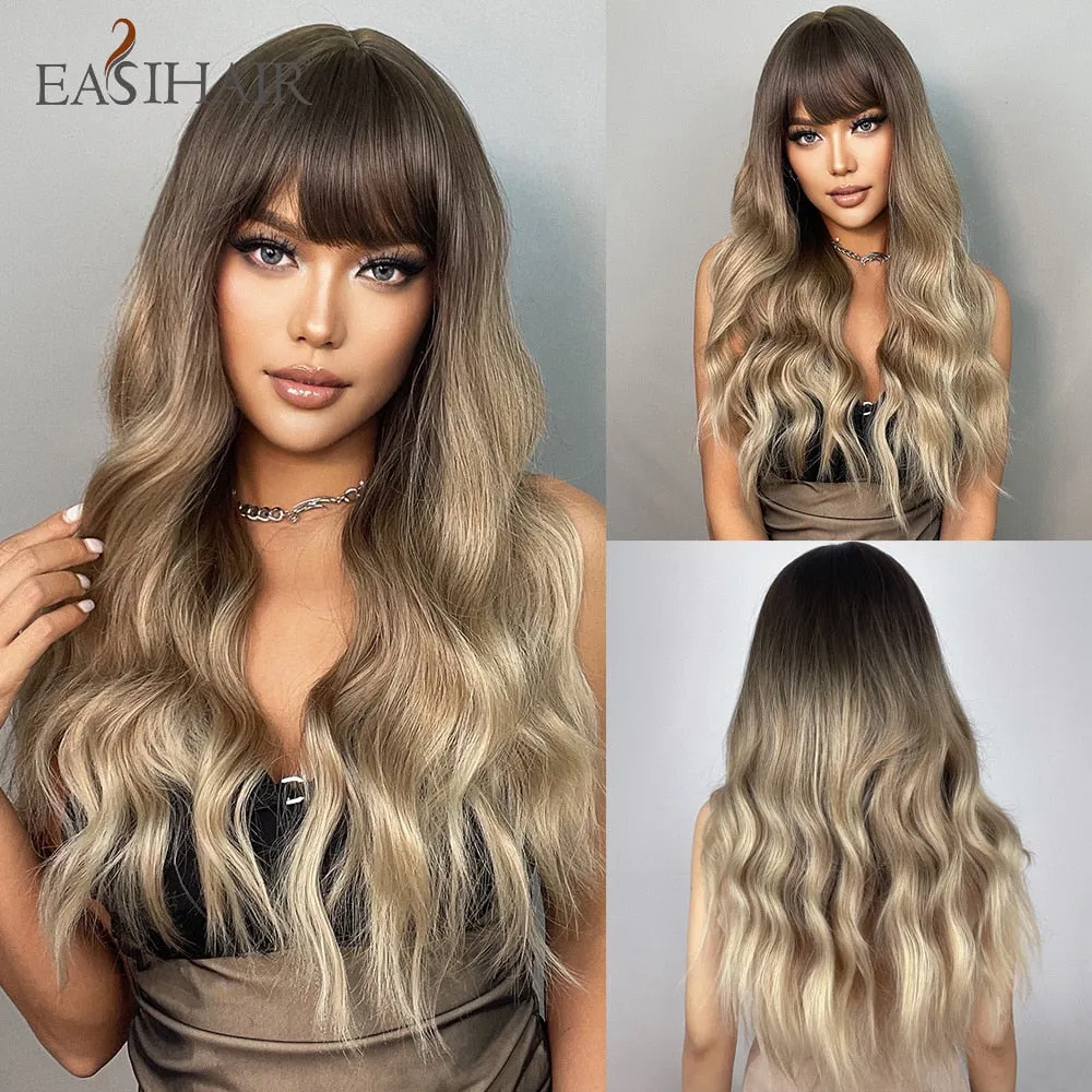 Ombre Gray Ash Wavy Wigs with Bang Light Blonde Platinum Synthetic Long Hair for Women Daily Party Heat Resistant Fiber Wigs