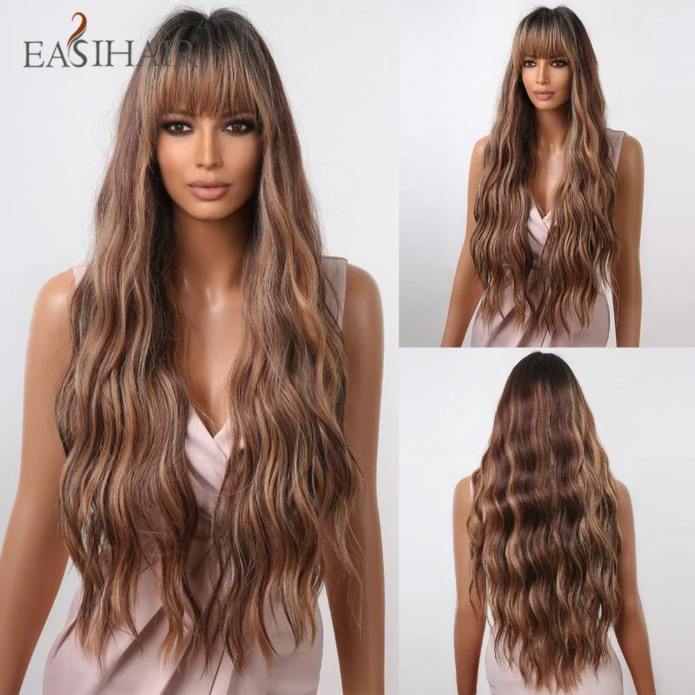 Ombre Gray Ash Wavy Wigs with Bang Light Blonde Platinum Synthetic Long Hair for Women Daily Party Heat Resistant Fiber Wigs