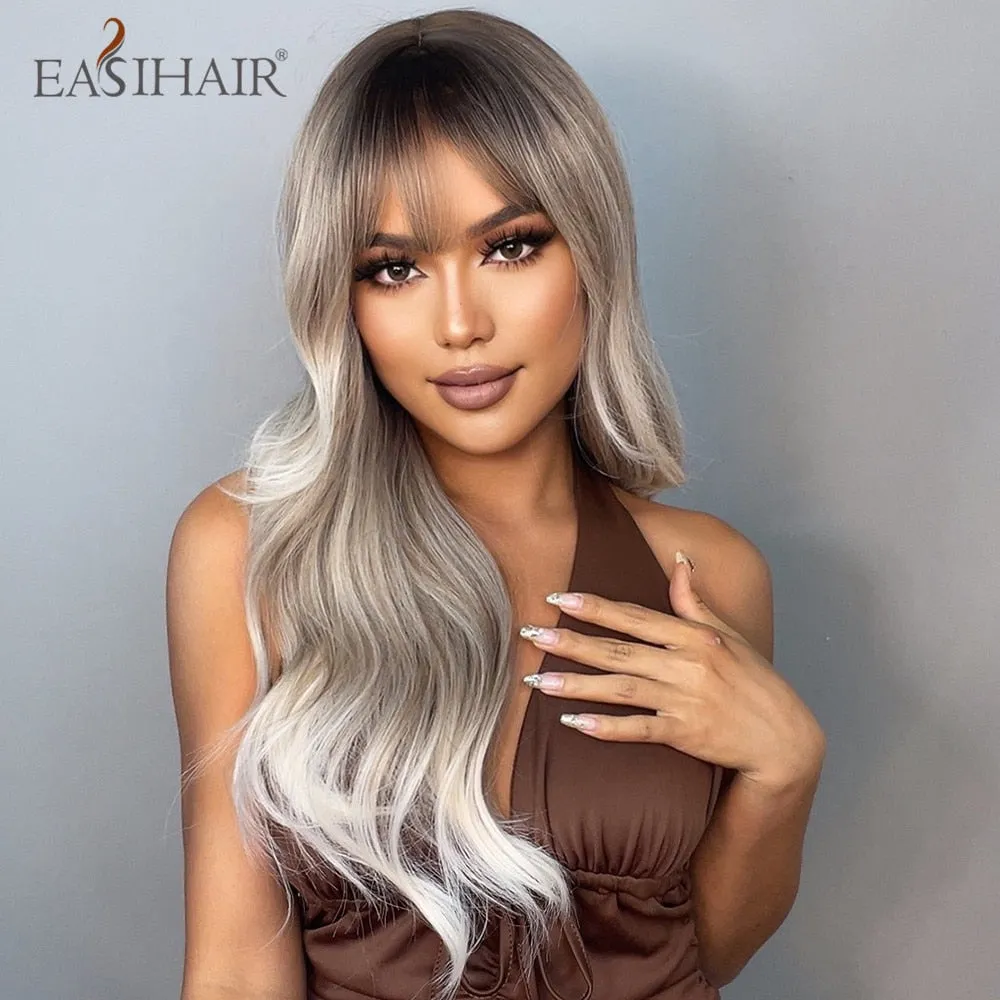 Ombre Gray Ash Wavy Wigs with Bang Light Blonde Platinum Synthetic Long Hair for Women Daily Party Heat Resistant Fiber Wigs