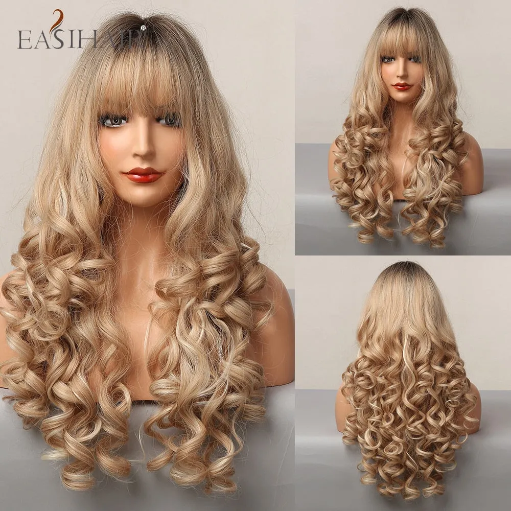 Ombre Gray Ash Wavy Wigs with Bang Light Blonde Platinum Synthetic Long Hair for Women Daily Party Heat Resistant Fiber Wigs