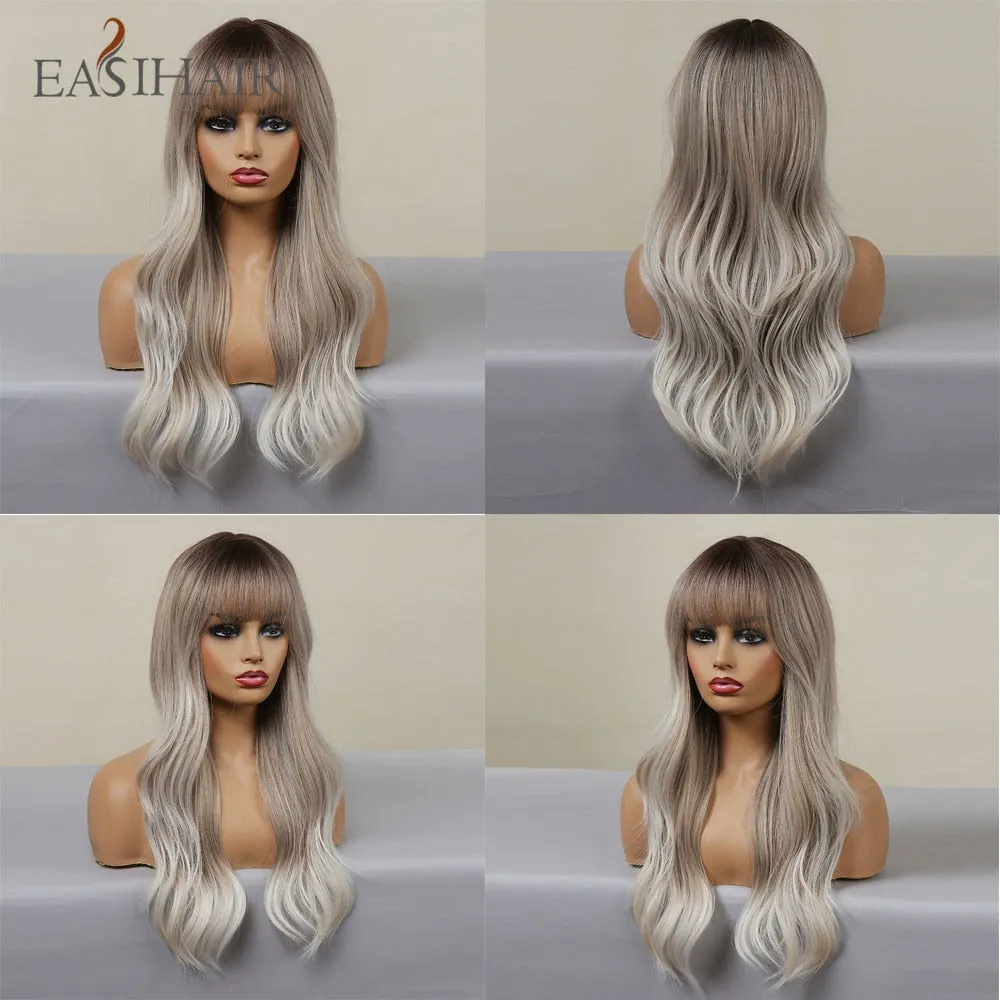 Ombre Gray Ash Wavy Wigs with Bang Light Blonde Platinum Synthetic Long Hair for Women Daily Party Heat Resistant Fiber Wigs