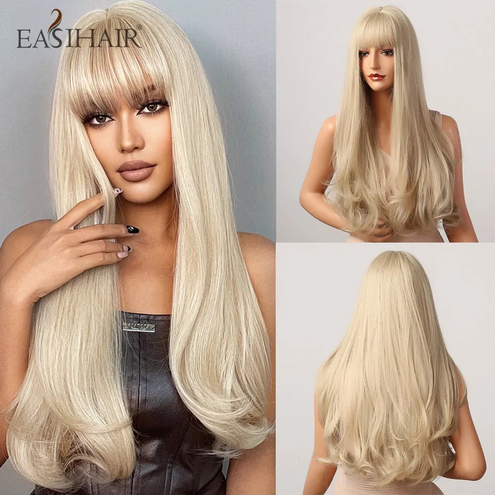 Ombre Gray Ash Wavy Wigs with Bang Light Blonde Platinum Synthetic Long Hair for Women Daily Party Heat Resistant Fiber Wigs