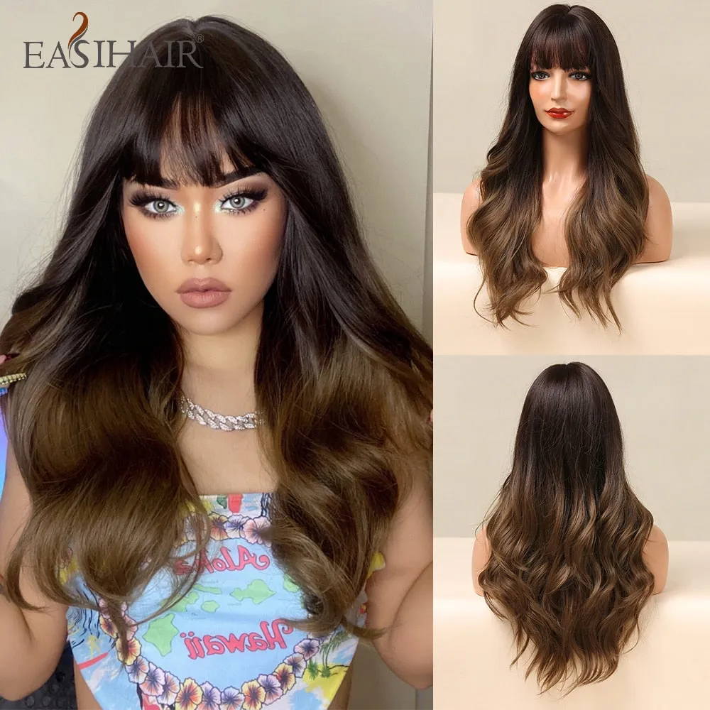 Ombre Gray Ash Wavy Wigs with Bang Light Blonde Platinum Synthetic Long Hair for Women Daily Party Heat Resistant Fiber Wigs