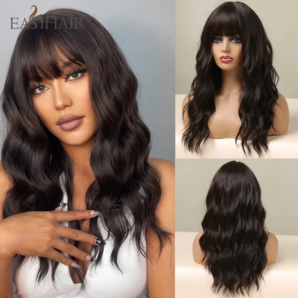 Ombre Gray Ash Wavy Wigs with Bang Light Blonde Platinum Synthetic Long Hair for Women Daily Party Heat Resistant Fiber Wigs