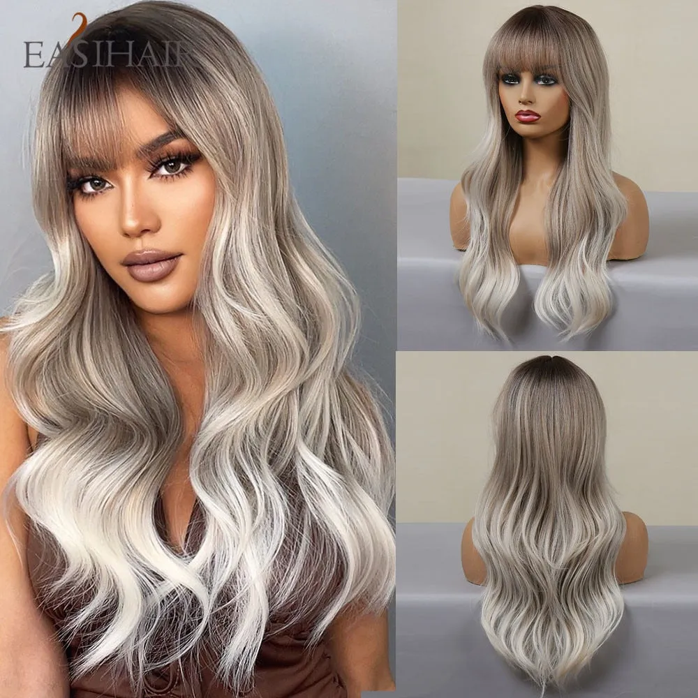 Ombre Gray Ash Wavy Wigs with Bang Light Blonde Platinum Synthetic Long Hair for Women Daily Party Heat Resistant Fiber Wigs