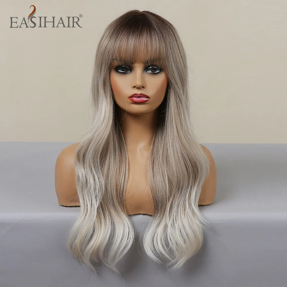 Ombre Gray Ash Wavy Wigs with Bang Light Blonde Platinum Synthetic Long Hair for Women Daily Party Heat Resistant Fiber Wigs