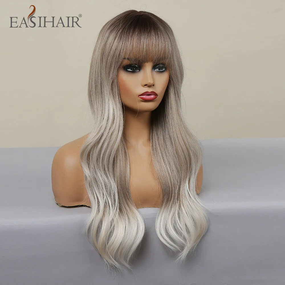 Ombre Gray Ash Wavy Wigs with Bang Light Blonde Platinum Synthetic Long Hair for Women Daily Party Heat Resistant Fiber Wigs