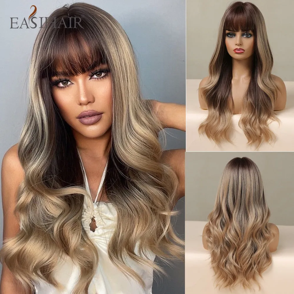 Ombre Gray Ash Wavy Wigs with Bang Light Blonde Platinum Synthetic Long Hair for Women Daily Party Heat Resistant Fiber Wigs