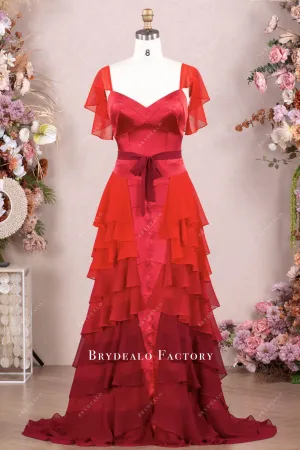 Ombre Red Flutter Sleeve Tiered Chiffon Aline Prom Dress