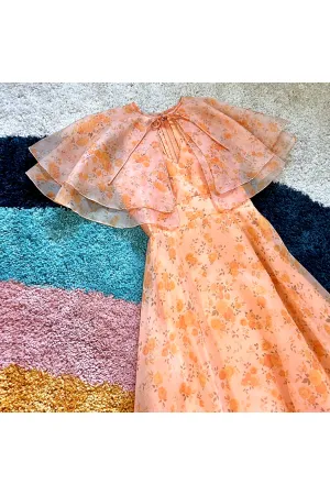 On hold* Vintage 70’s Flowy Floral Dress w/Sheer Capelet