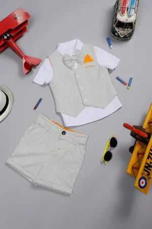 One Friday Baby Boys White Half Sleeves Cotton Shirt with Bow and Green striped Waistcoat With Short