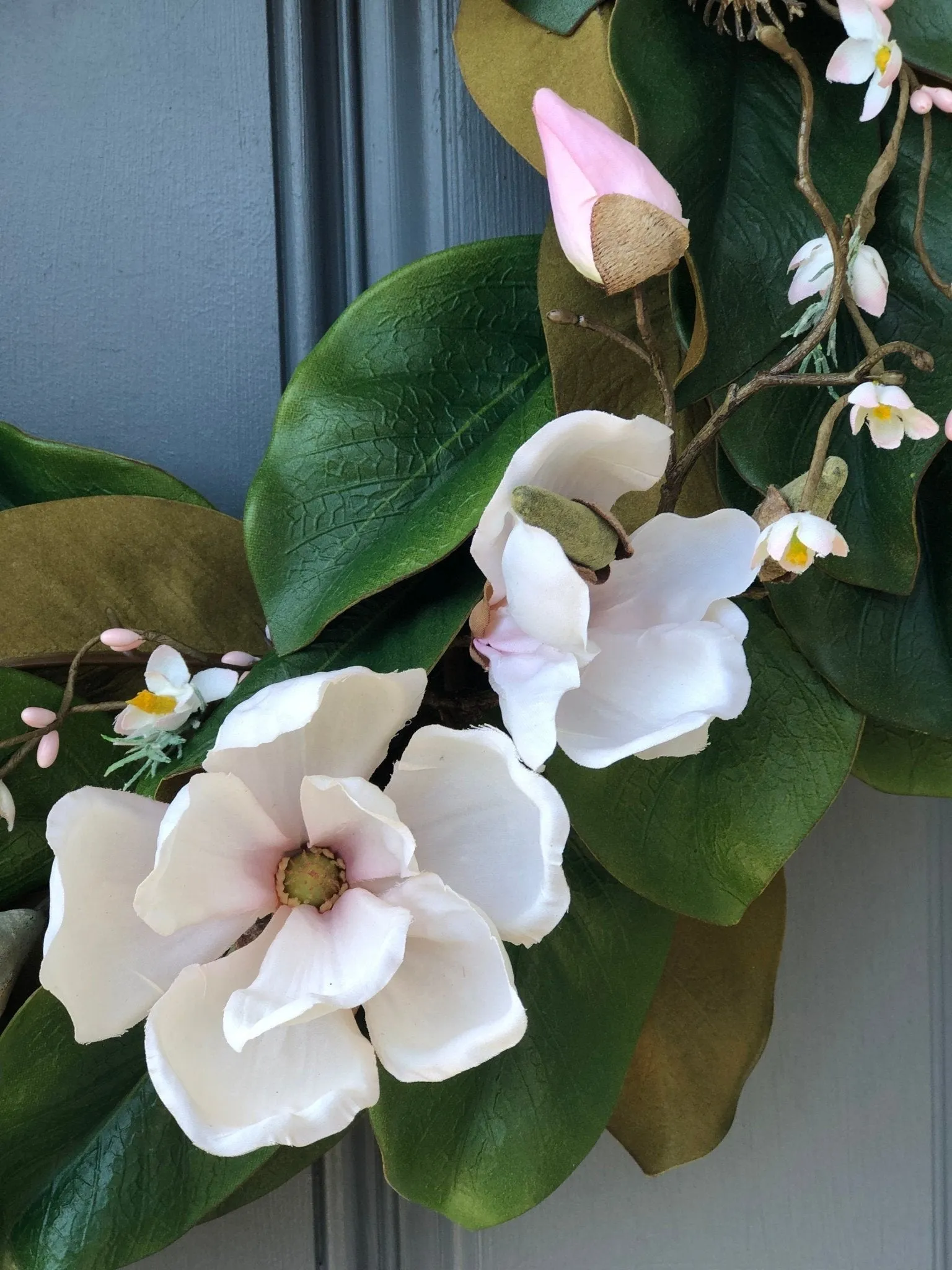 One-of-a-Kind Magnolia Wreath with Soft Pink Blooms and Cherry Blossoms