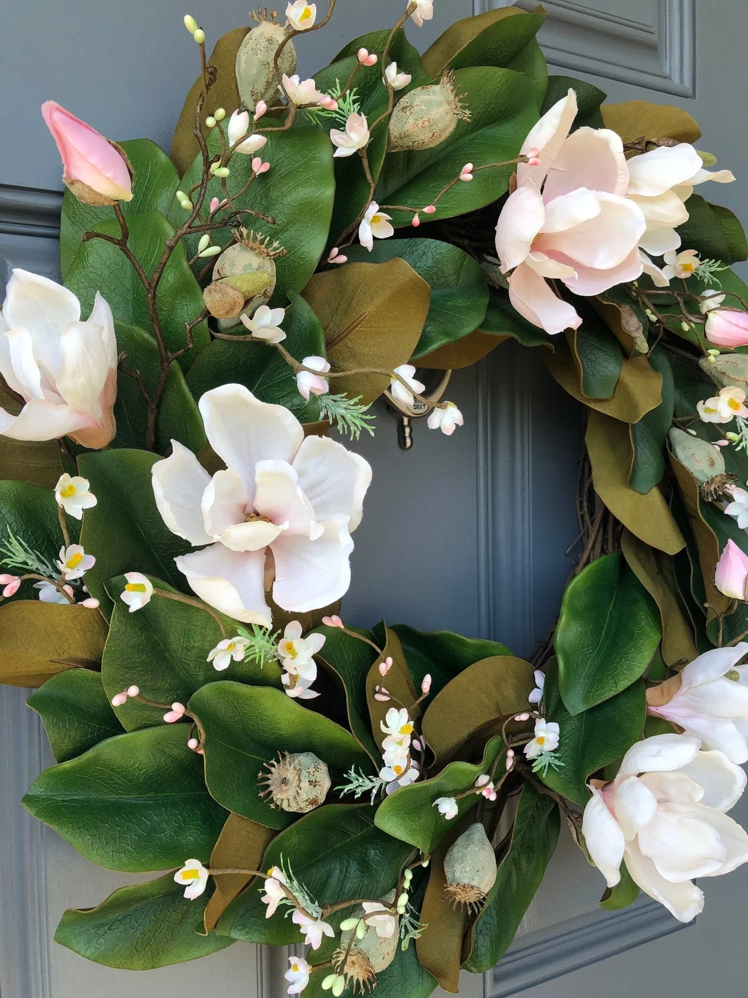 One-of-a-Kind Magnolia Wreath with Soft Pink Blooms and Cherry Blossoms