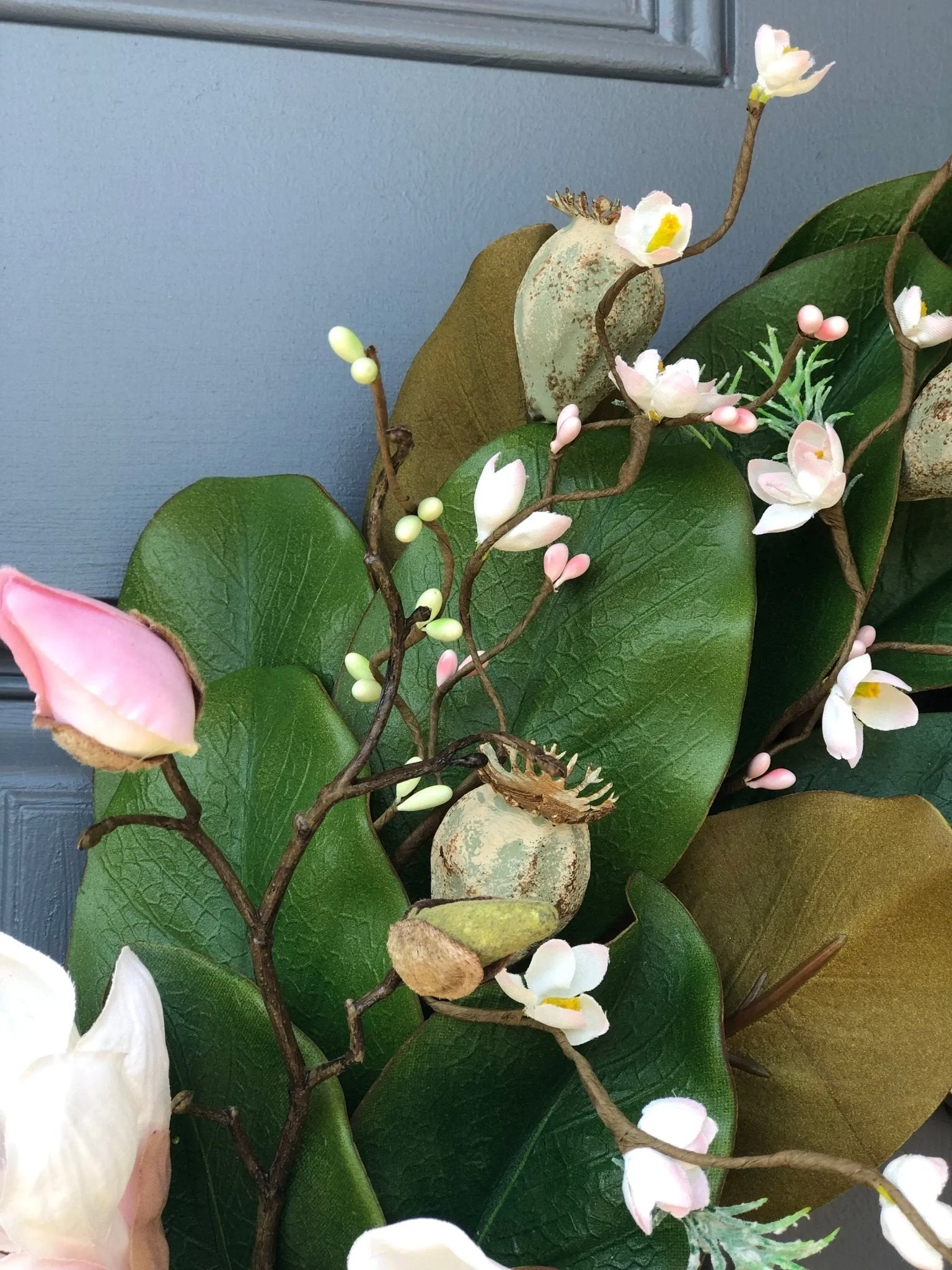 One-of-a-Kind Magnolia Wreath with Soft Pink Blooms and Cherry Blossoms