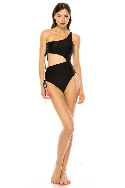 ONE PIECE SIDE LACE CUTOUT ONE SHOULDER SWIMSUIT