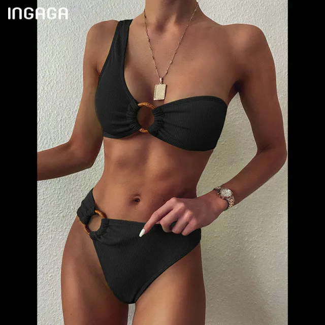 One Shoulder Bikini Swimsuit High Waist Swimwear Rings Black Ribbed Beachwear Brazilian Bikini Set