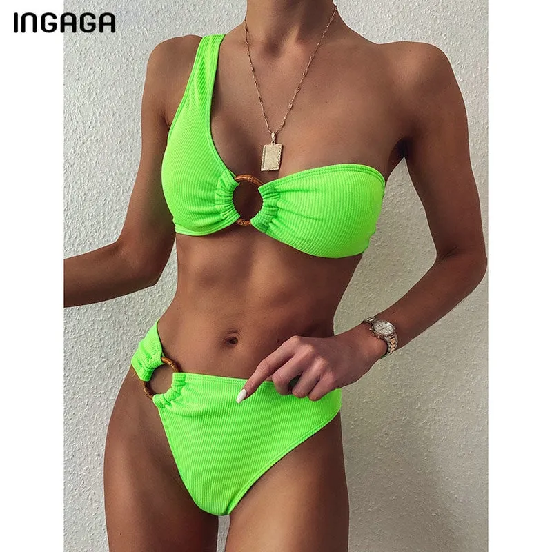 One Shoulder Bikini Swimsuit High Waist Swimwear Rings Black Ribbed Beachwear Brazilian Bikini Set