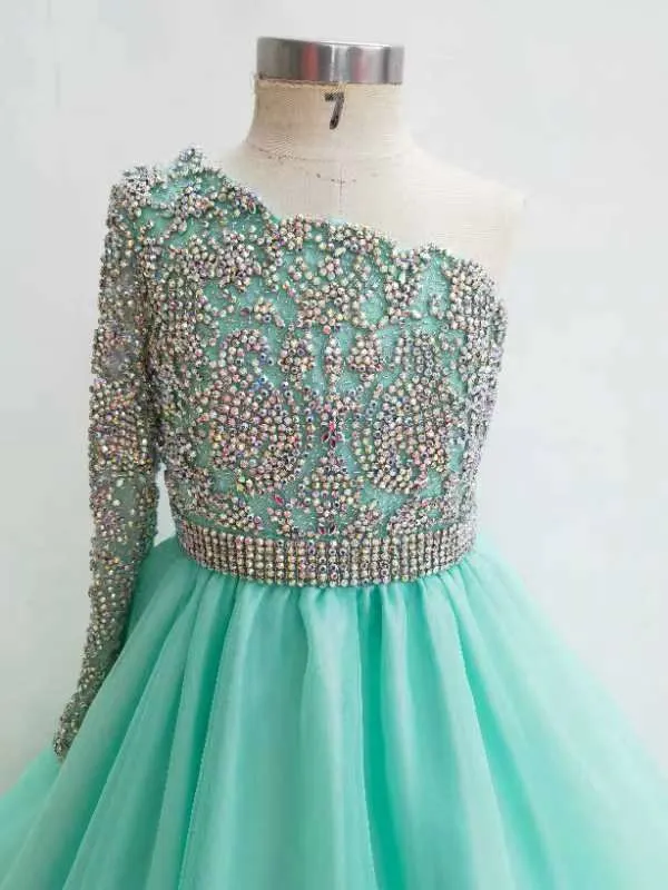 One Shoulder Glitzy Beaded Bodice Mint Teen's Pageant Ball Gown