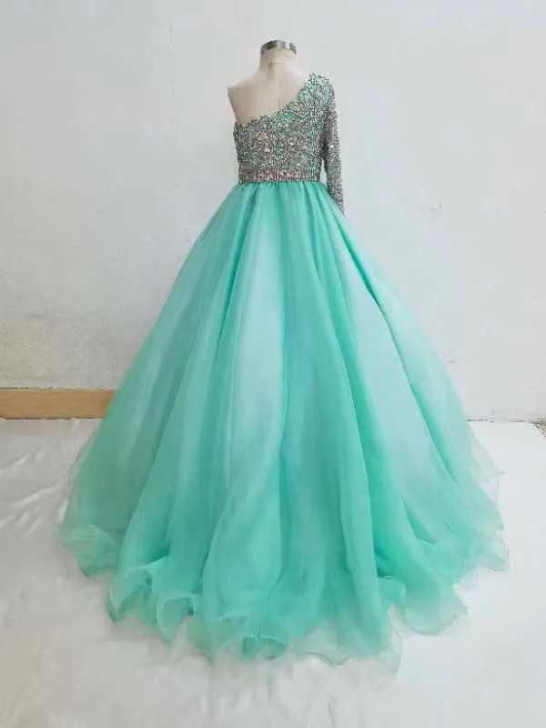 One Shoulder Glitzy Beaded Bodice Mint Teen's Pageant Ball Gown