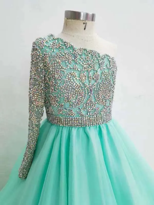 One Shoulder Glitzy Beaded Bodice Mint Teen's Pageant Ball Gown