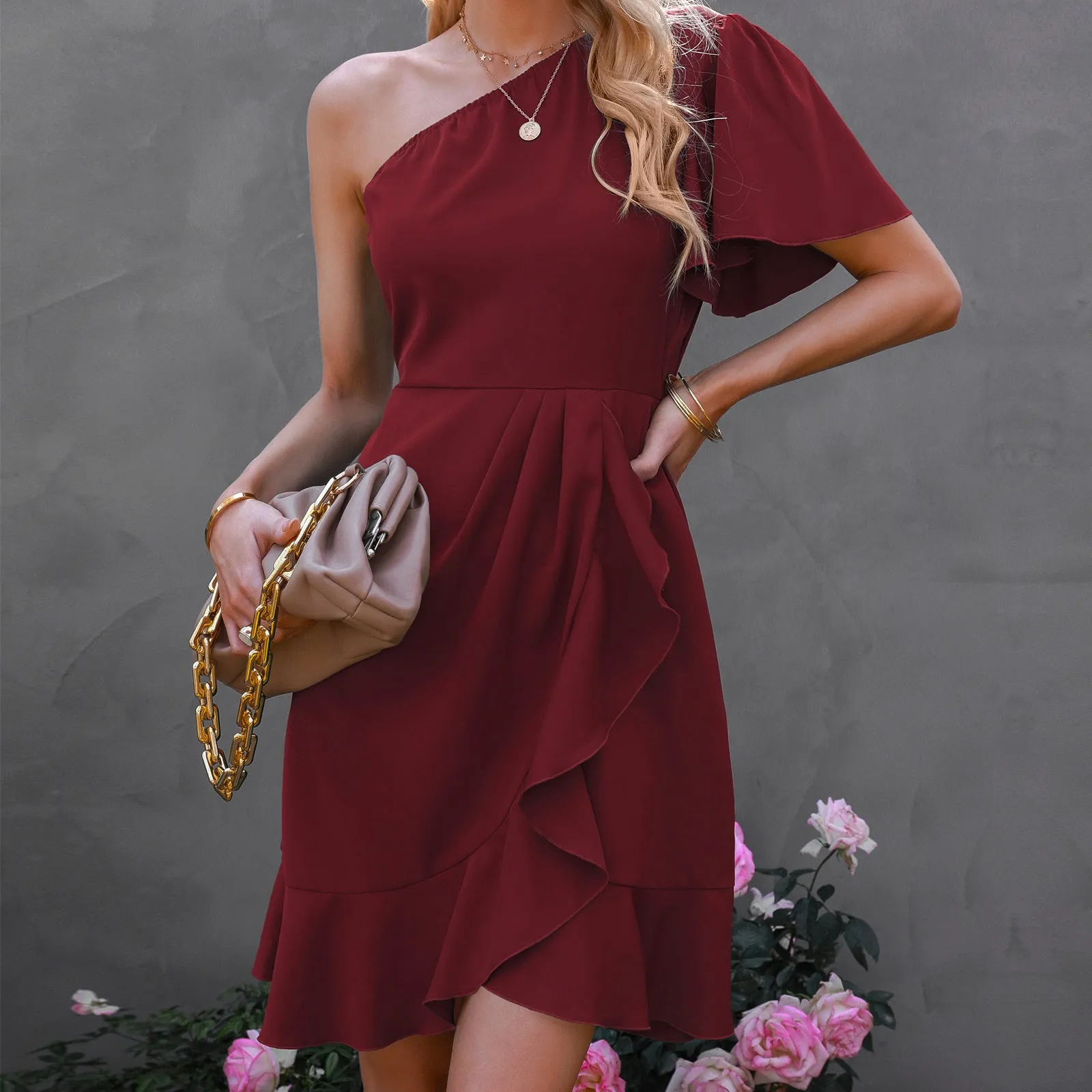 One Shoulder Short Floppy Dress