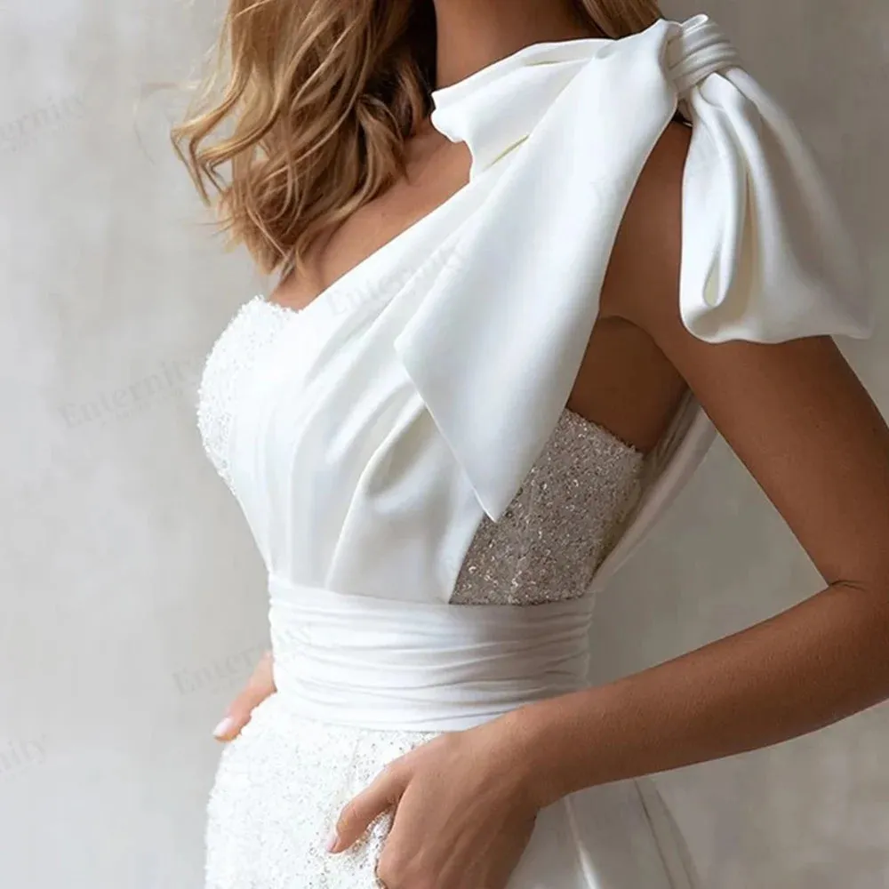 One-Shoulder Short Jumpsuit Wedding Gown with Detachable Train & Bow