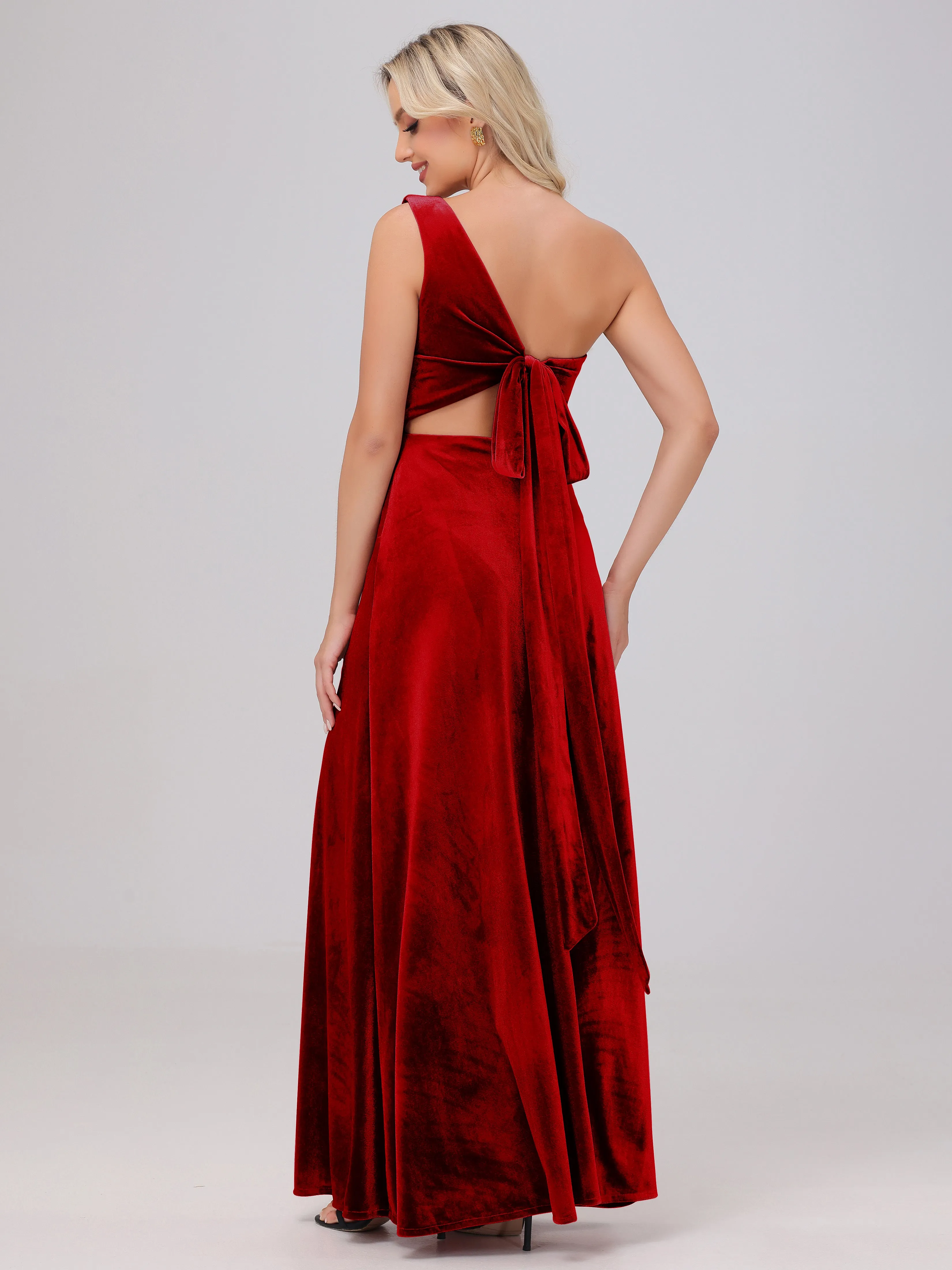 One Shoulder Sleeveless Long Velvet Bridesmaid Dresses With Split