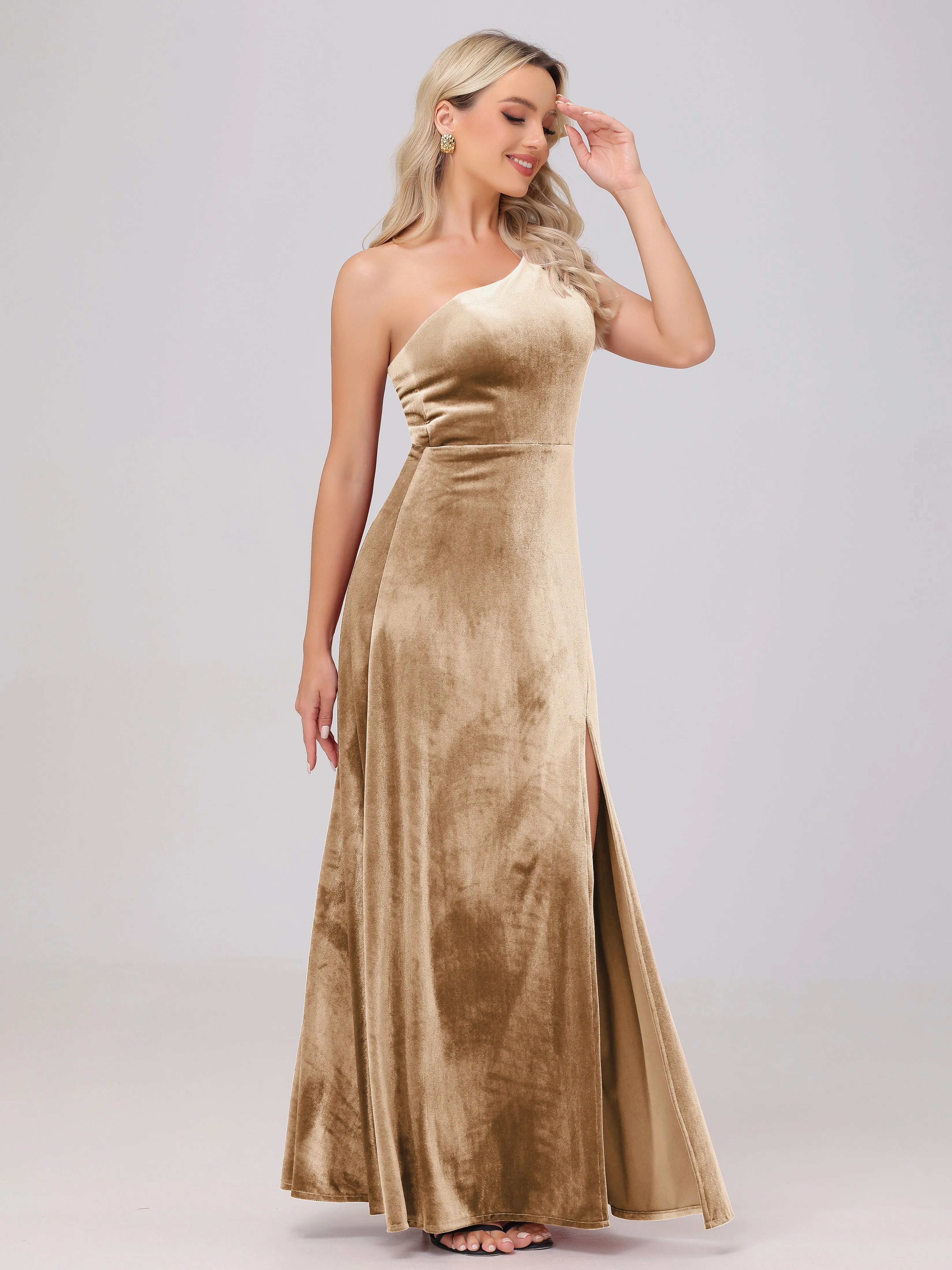 One Shoulder Sleeveless Long Velvet Bridesmaid Dresses With Split