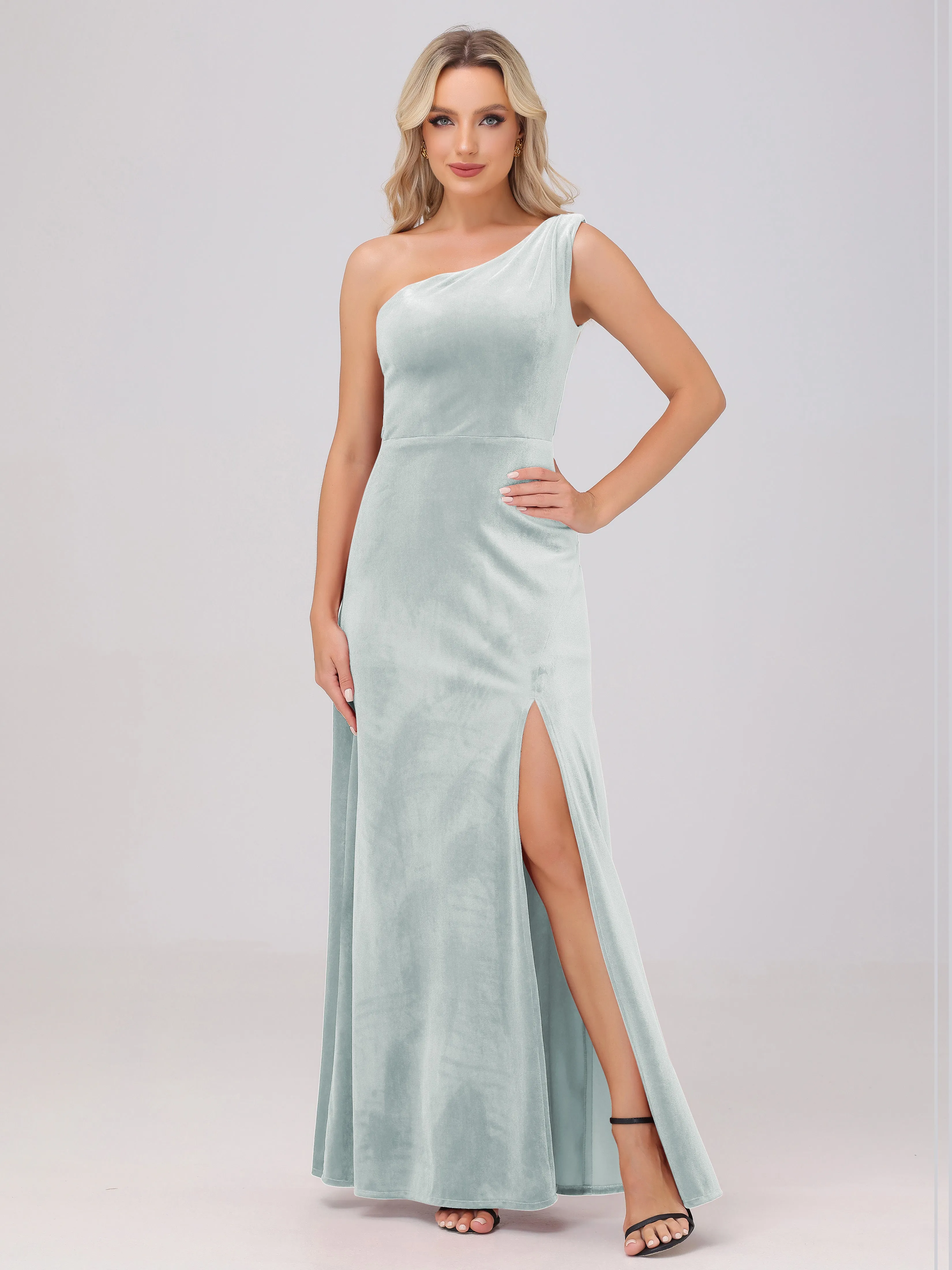 One Shoulder Sleeveless Long Velvet Bridesmaid Dresses With Split