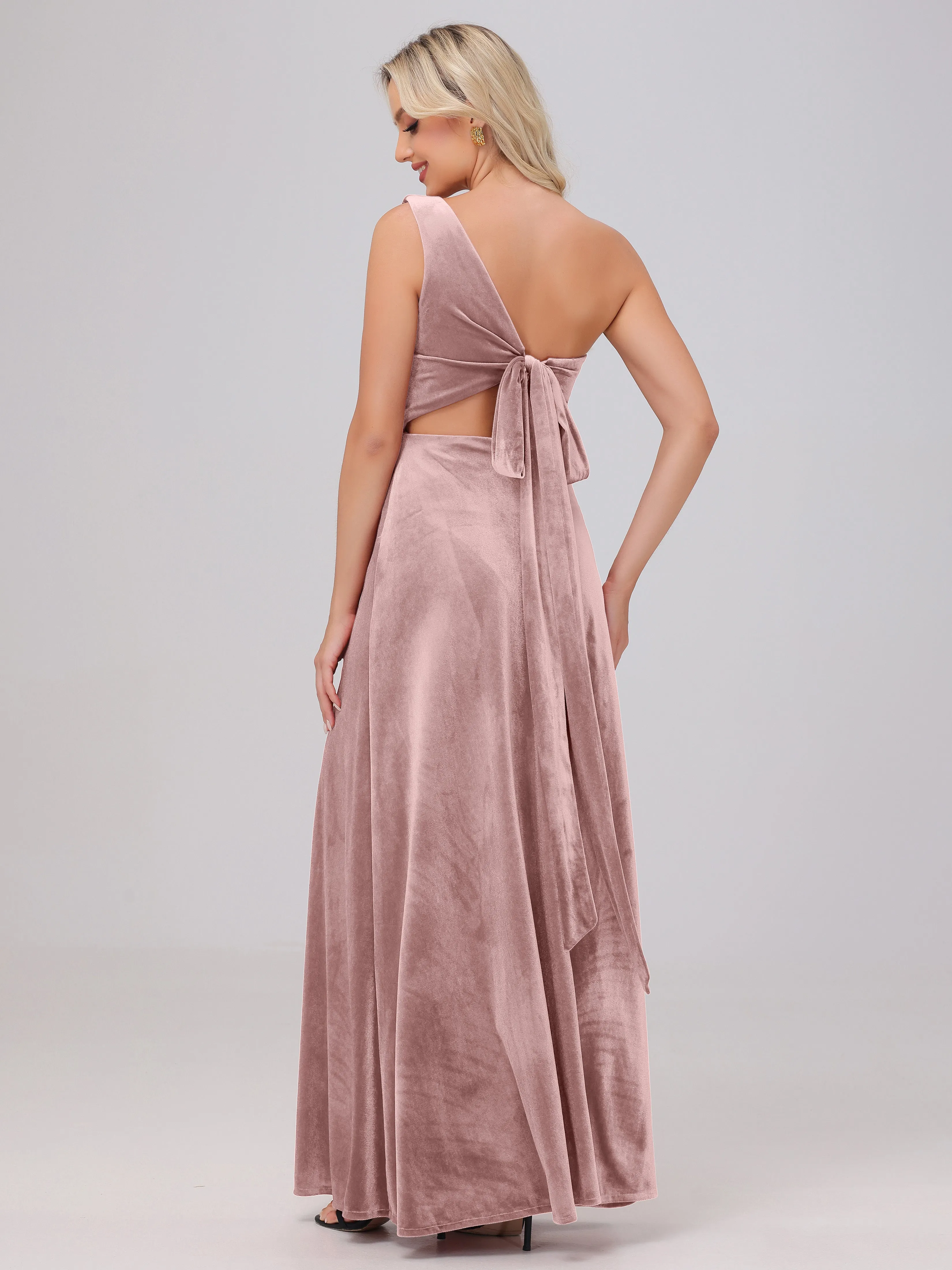 One Shoulder Sleeveless Long Velvet Bridesmaid Dresses With Split