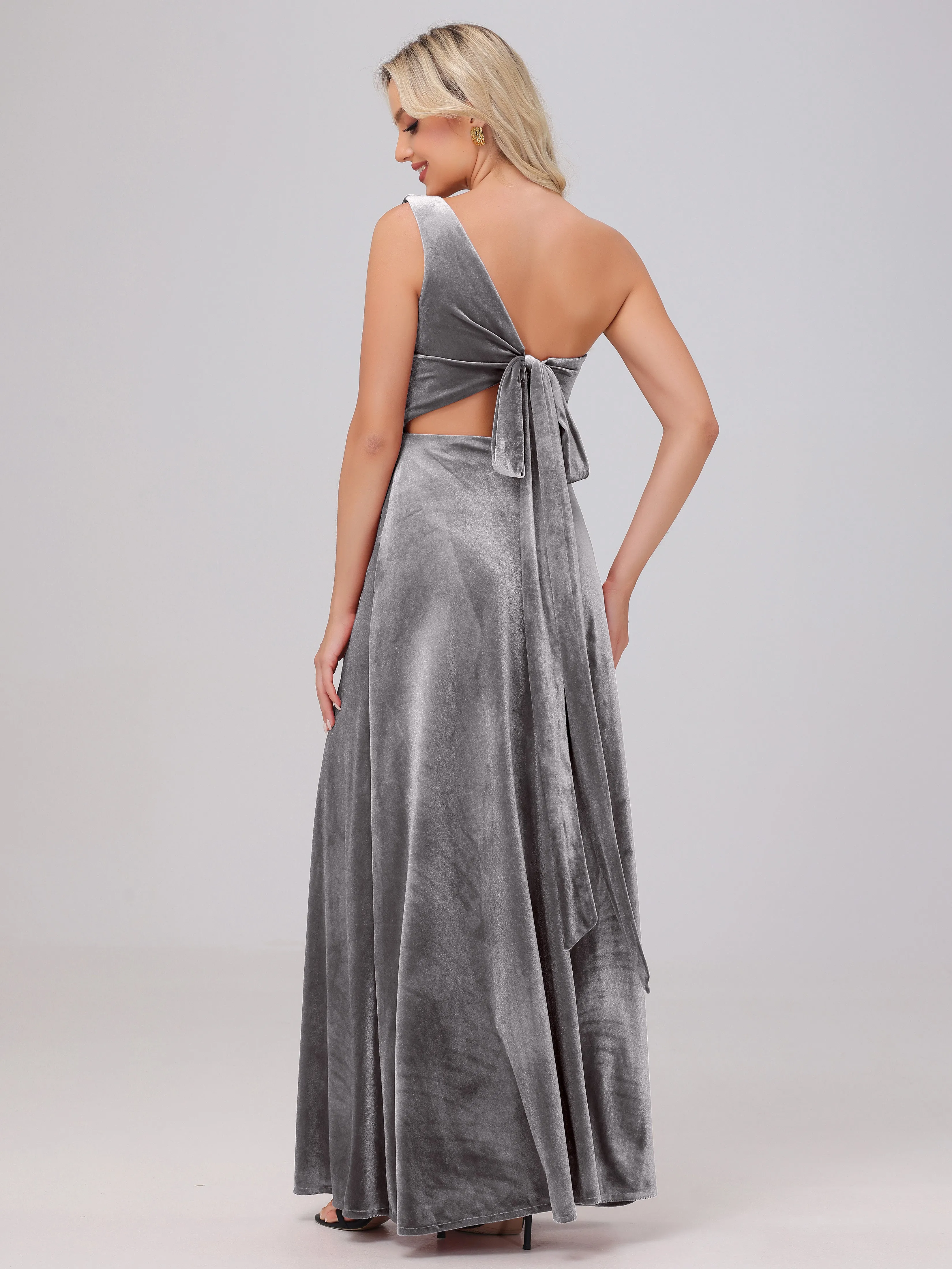 One Shoulder Sleeveless Long Velvet Bridesmaid Dresses With Split