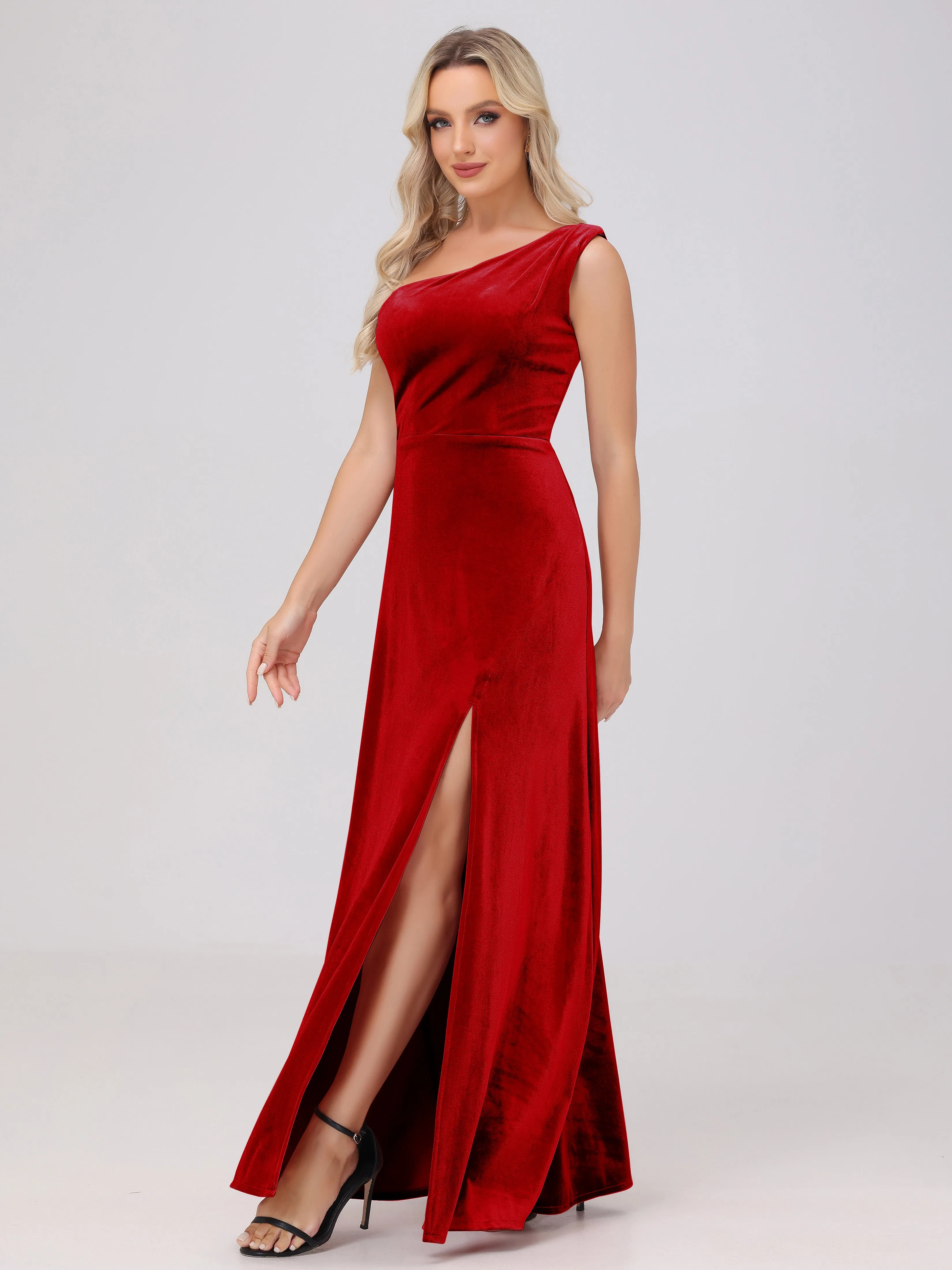 One Shoulder Sleeveless Long Velvet Bridesmaid Dresses With Split