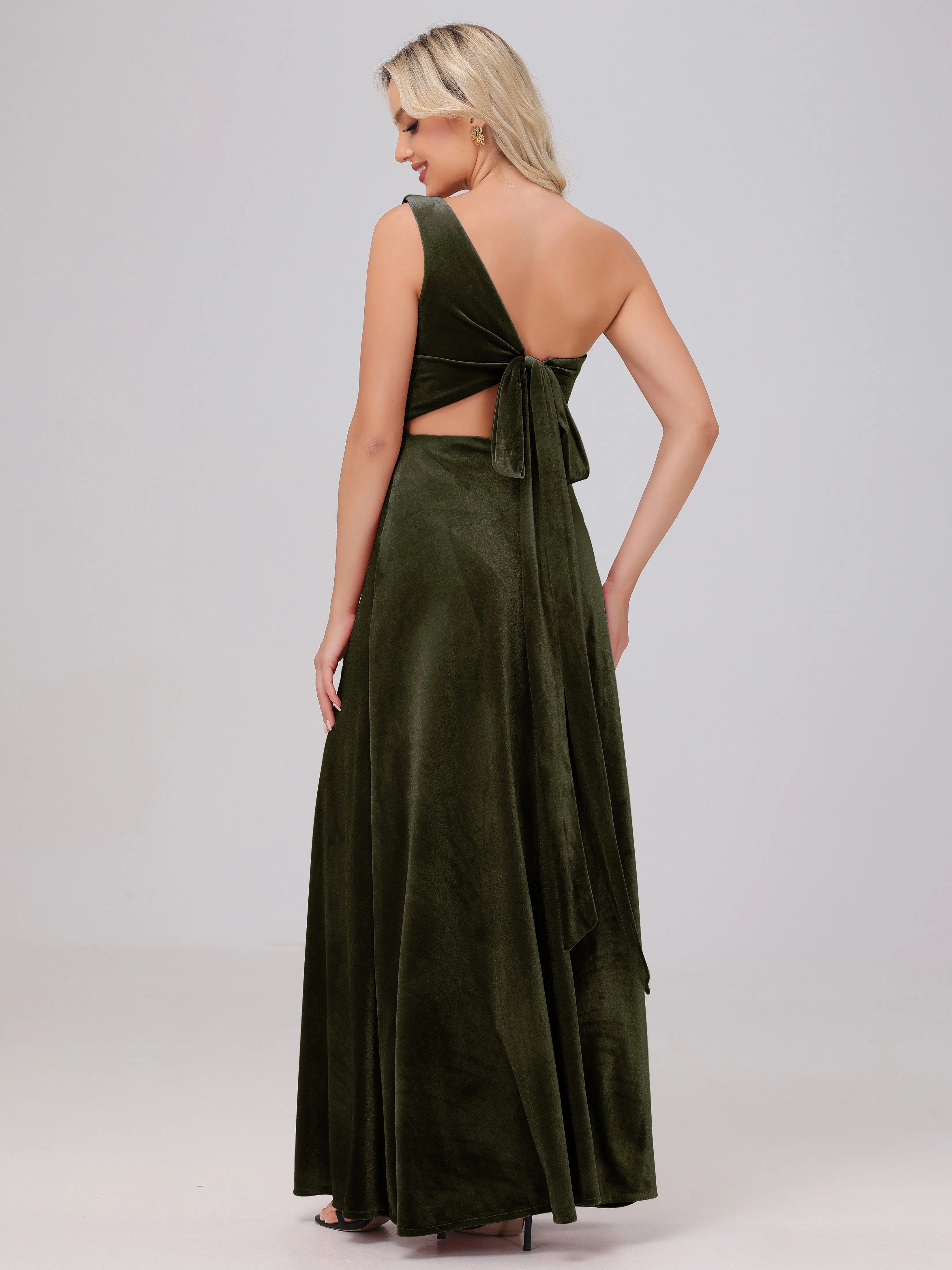 One Shoulder Sleeveless Long Velvet Bridesmaid Dresses With Split