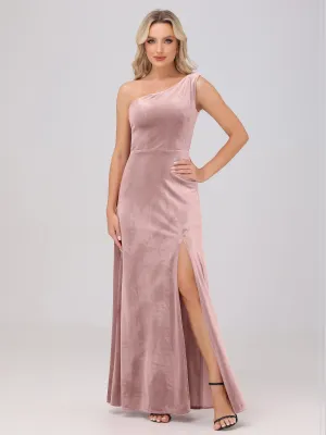 One Shoulder Sleeveless Long Velvet Bridesmaid Dresses With Split