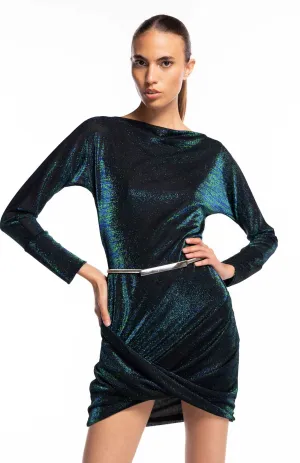 Oneero Glam | Sleek Shimmer: Draped Iridescent Knit Dress