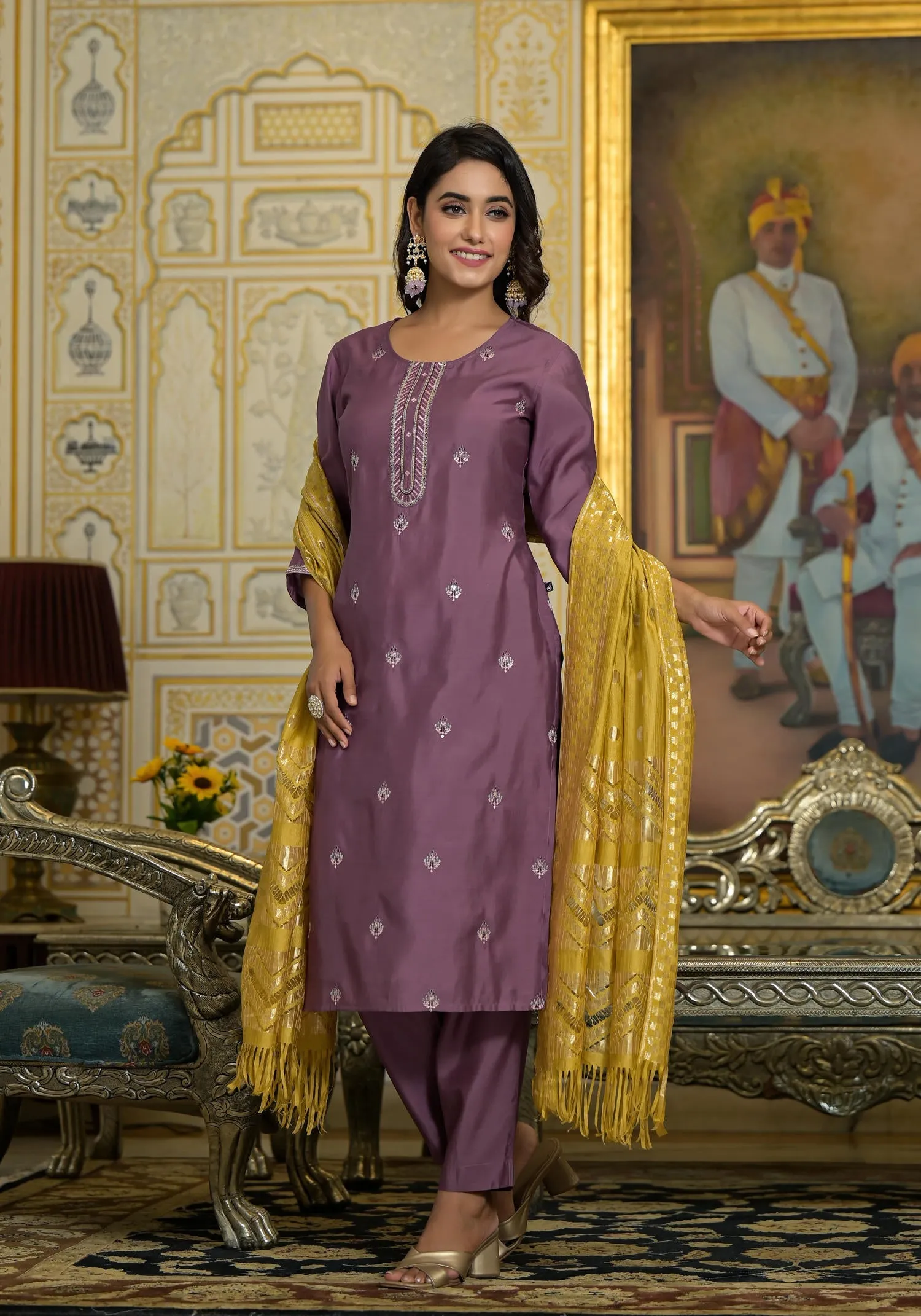 Onion Pink Zari Embroidered Viscose Kurta Pant And Dupatta Set With Sequins Work