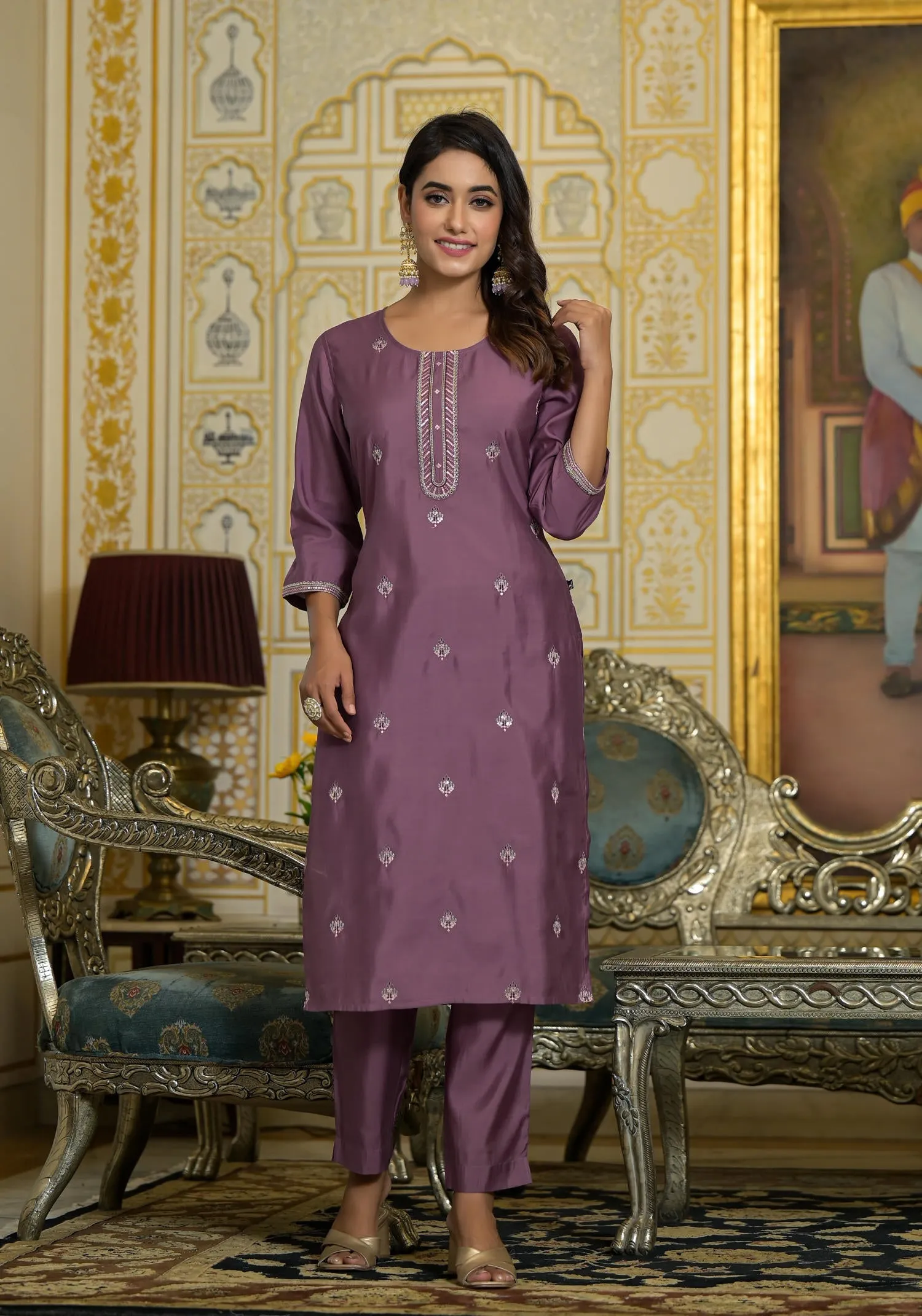 Onion Pink Zari Embroidered Viscose Kurta Pant And Dupatta Set With Sequins Work