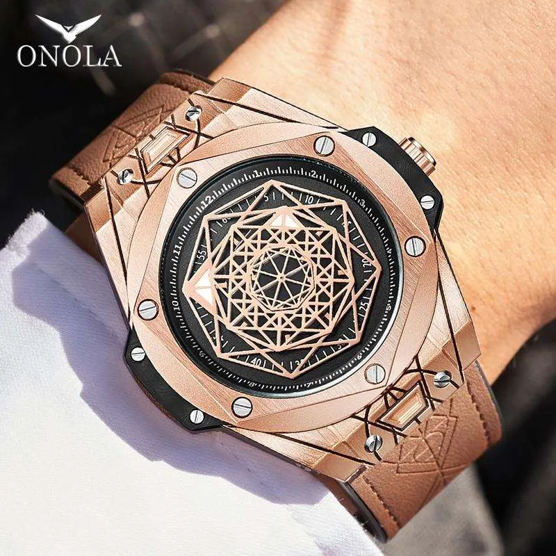 ONOLA Men's Hexagon Watch 44m Vintage Quartz w/ Amazing Rotating Hexagram