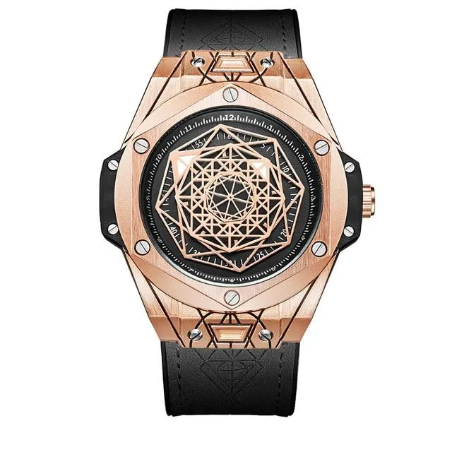 ONOLA Men's Hexagon Watch 44m Vintage Quartz w/ Amazing Rotating Hexagram