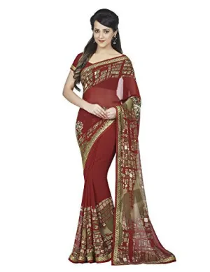 Oomph! Georgette Printed Saree With Embroidered Border ( Red and Brown )