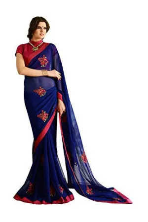 Oomph! Women's Chiffon Sarees Party Wear/Fancy Chiffon Sarees/Embroidered Chiffon Sarees - Indigo Blue