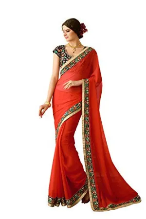 Oomph! Women's Chiffon Sarees Party Wear/Fancy Chiffon Sarees/Embroidered Chiffon Sarees - Scarlet Red