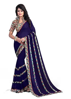 Oomph! Women's Chiffon Sarees Party Wear/Fancy Chiffon Sarees/Printed Chiffon Sarees - Indigo Blue &amp; Beige